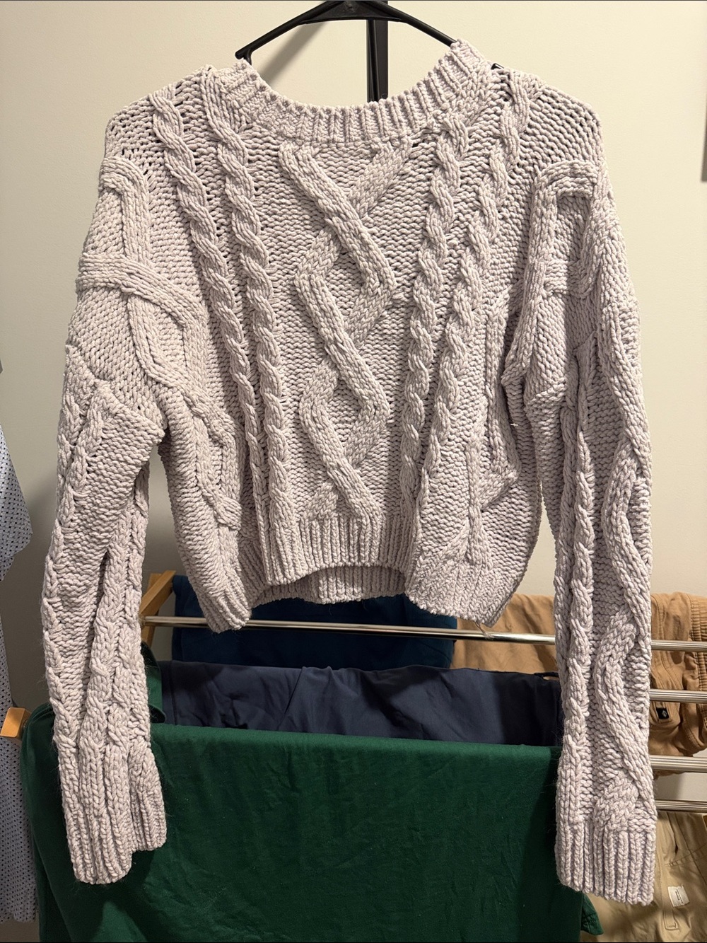 Altar'd State Light Taupe Cable-Knit Cropped Crewneck Sweater
